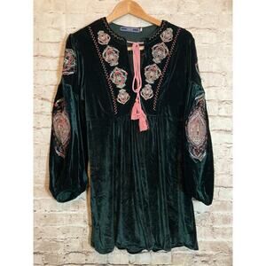 Highness Peasant Top Womens 3X Forest Green Velvet Embroidered Babydoll Boho